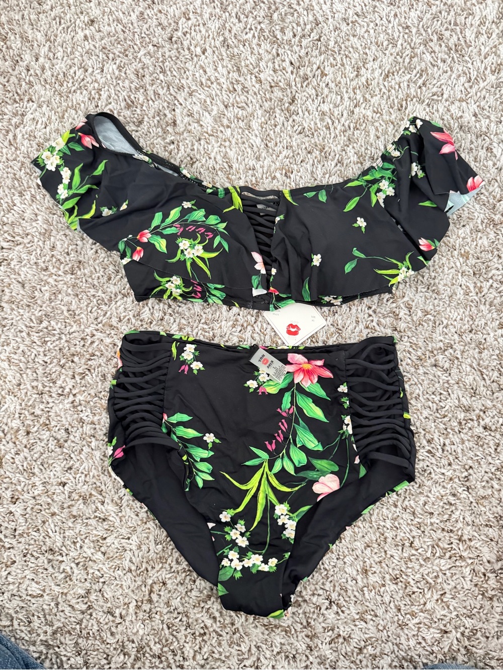 Black Floral Off-Shoulder High-Waist Bikini Set